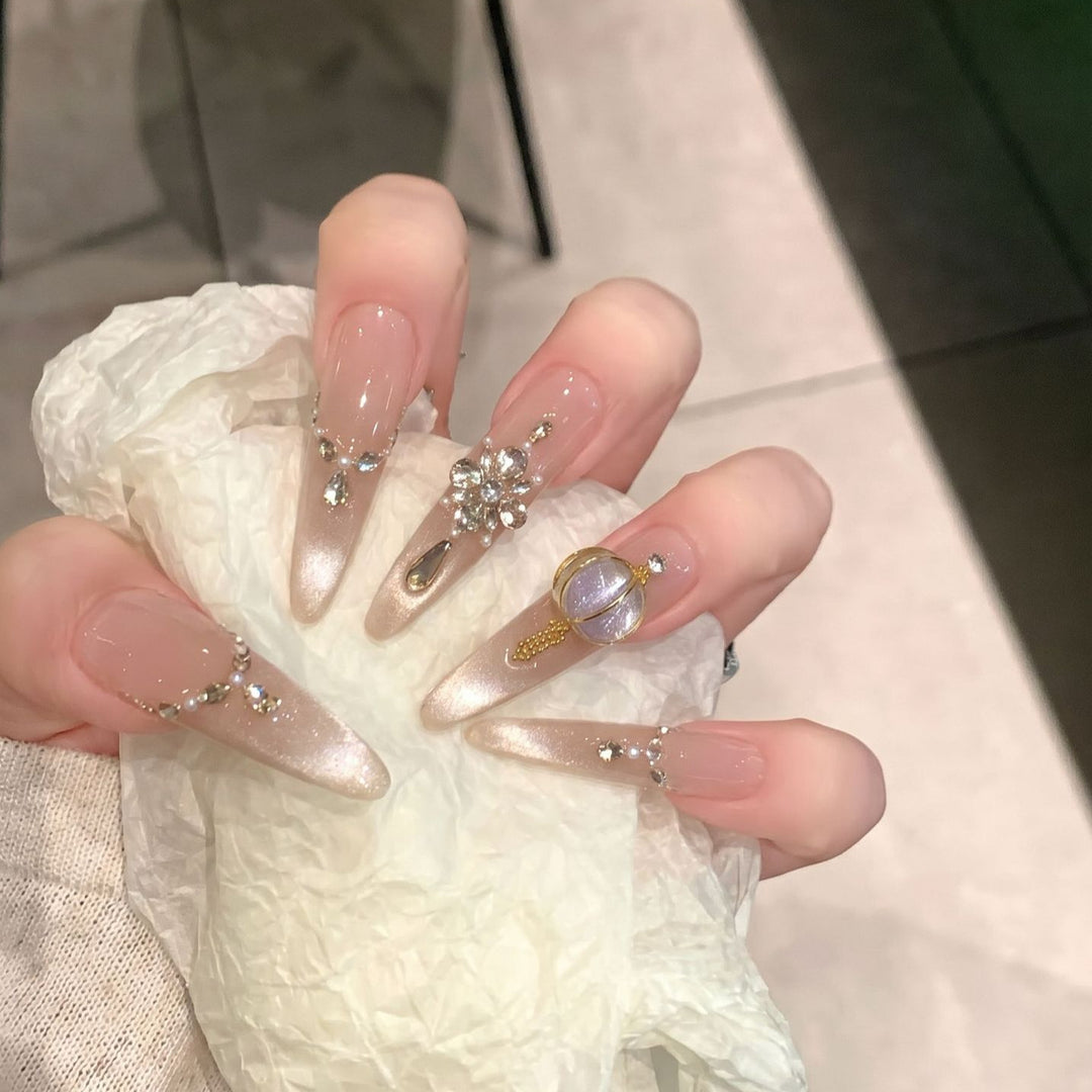 Decorative Stiletto Press-On Nail Set with Elegant Gemstone Embellishments Kalsten
