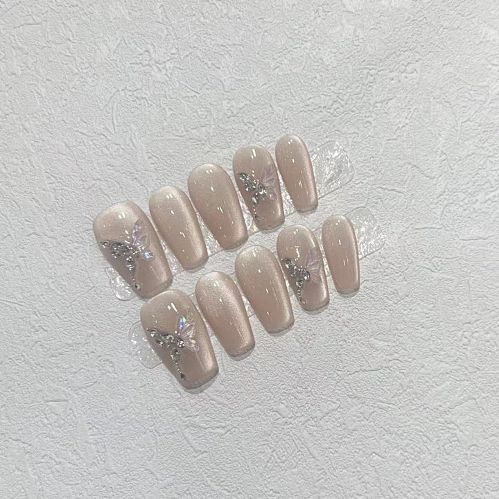 Stylish Press-On Nail Art Set with Elegant Butterfly and Gem Accents Kalsten