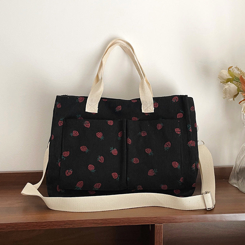WoStylish Multi-Pocket Strawberry Print Canvas Tote Bag Kalsten