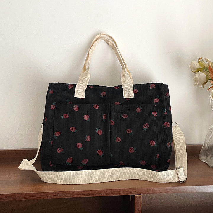 WoStylish Multi-Pocket Strawberry Print Canvas Tote Bag Kalsten