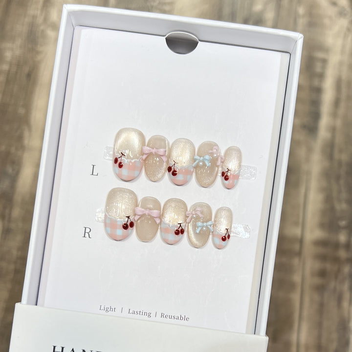 Decorative Press-On Nail Art Set with Charming Bow and Cherry Accents Kalsten