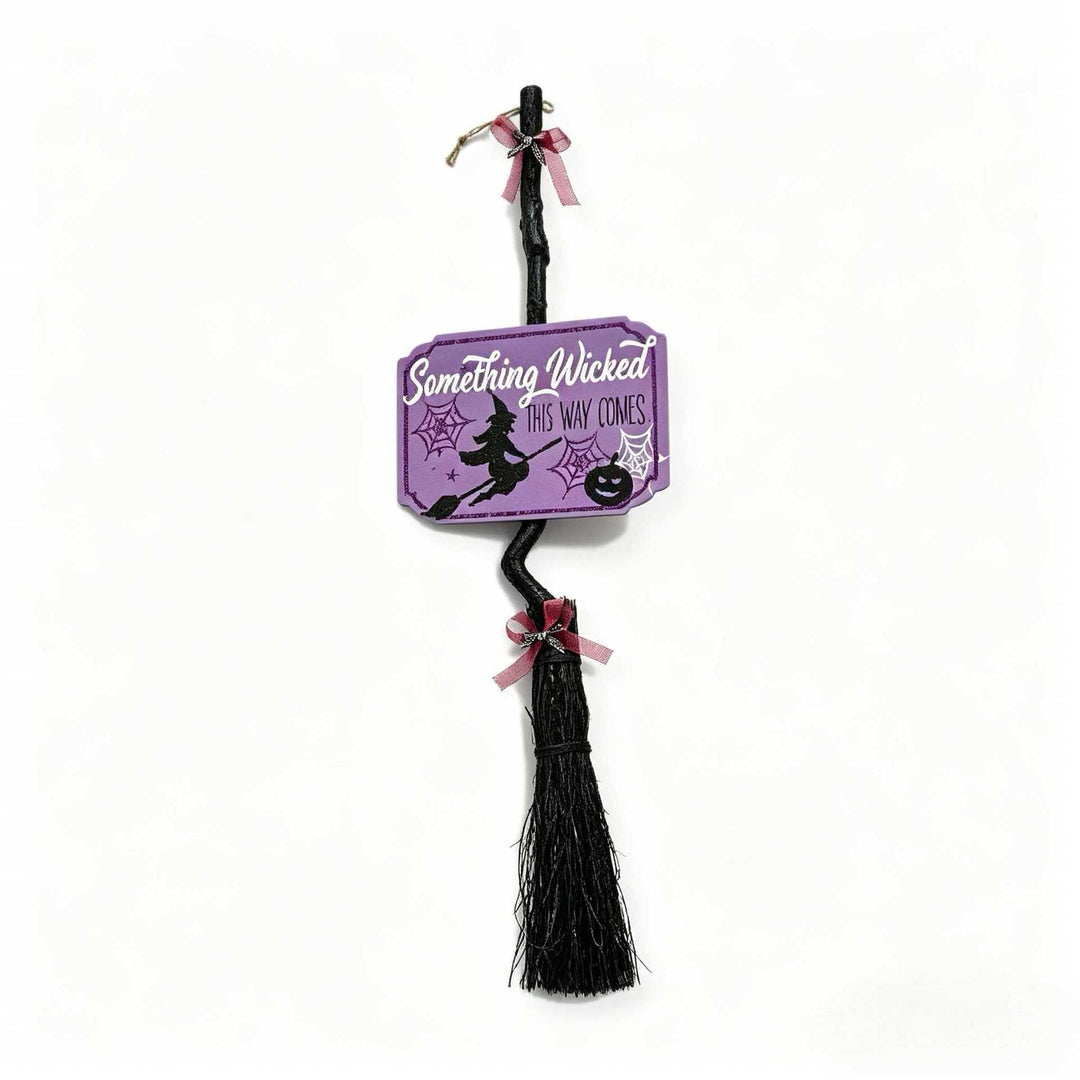 Hanging Halloween Decor Broomstick Pendant with Twisted Handle and 'Hocus Pocus' Sign