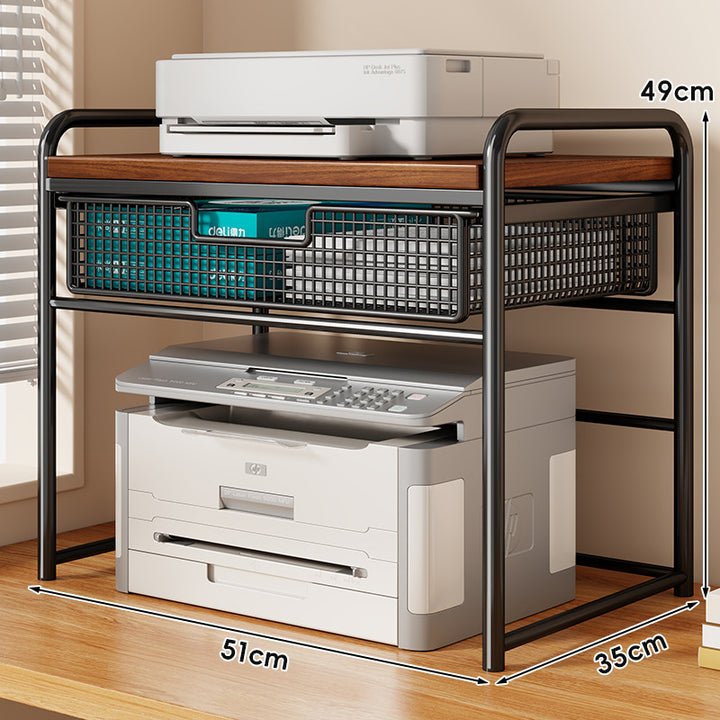 Two Tier Metal and Wood Printer Stand with Sliding Mesh Drawer and Under-Shelf Storage