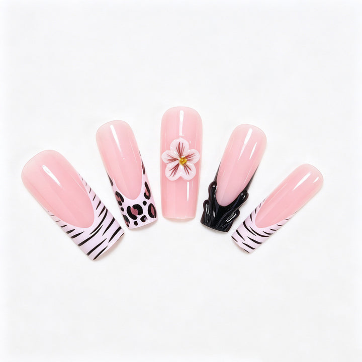 Artistic Press-On Nail Art Tips with Floral and Animal Print Designs Kalsten