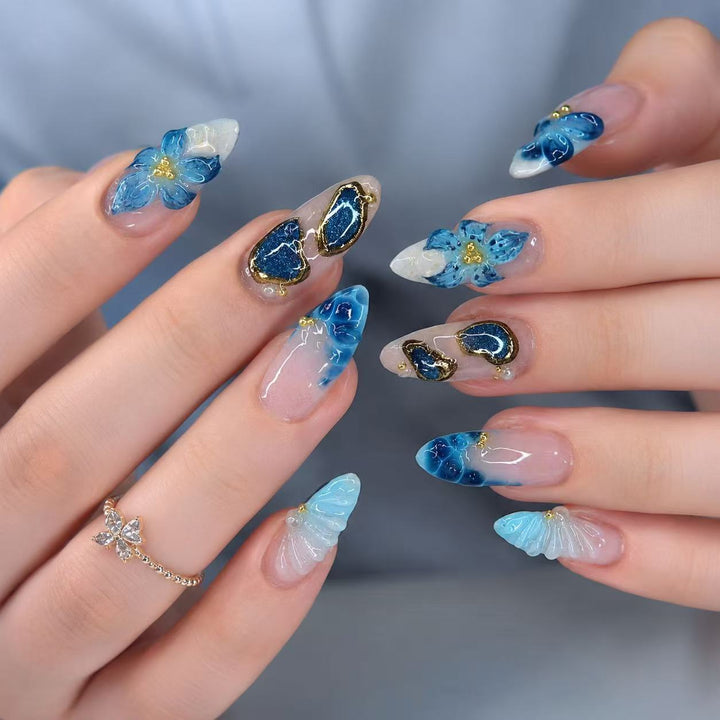 Artistic Press-On Nail Tips Set with Floral and Geometric Patterns Kalsten