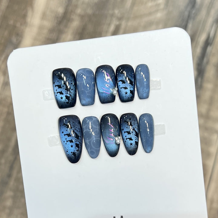 Artistic Press-On Nail Set with Starry Night Design Kalsten