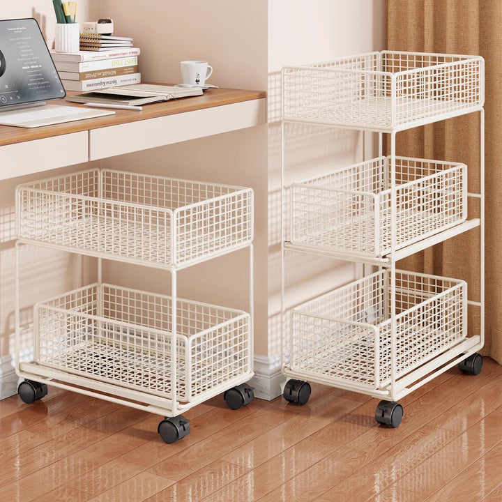 Compact Two-Tier Rolling Metal Mesh Storage Trolley with Locking Swivel Casters