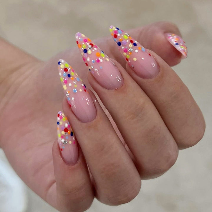 Acrylic nail set with colorful glitter dots and elegant tips Kalsten