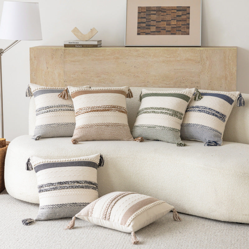 Coastal-Inspired Woven Cotton Square Accent Pillow with Braided Rope Bands and Corner Tassels