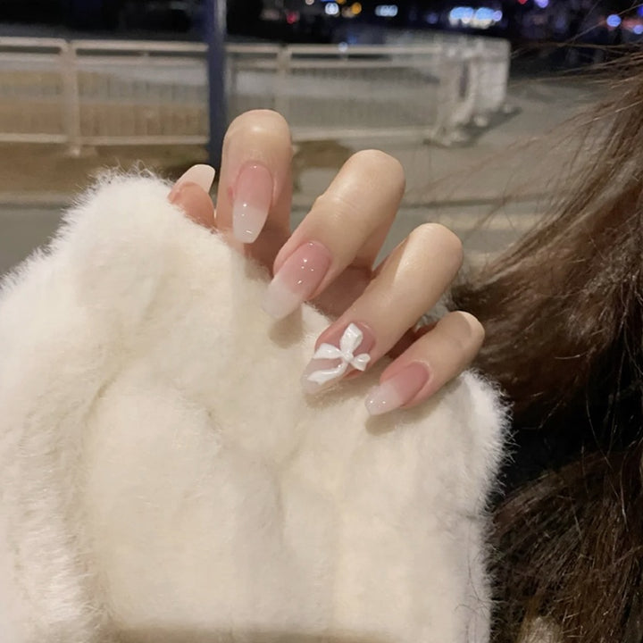 Elegant Acrylic French Tip Press-On Nails with Bow Accents
