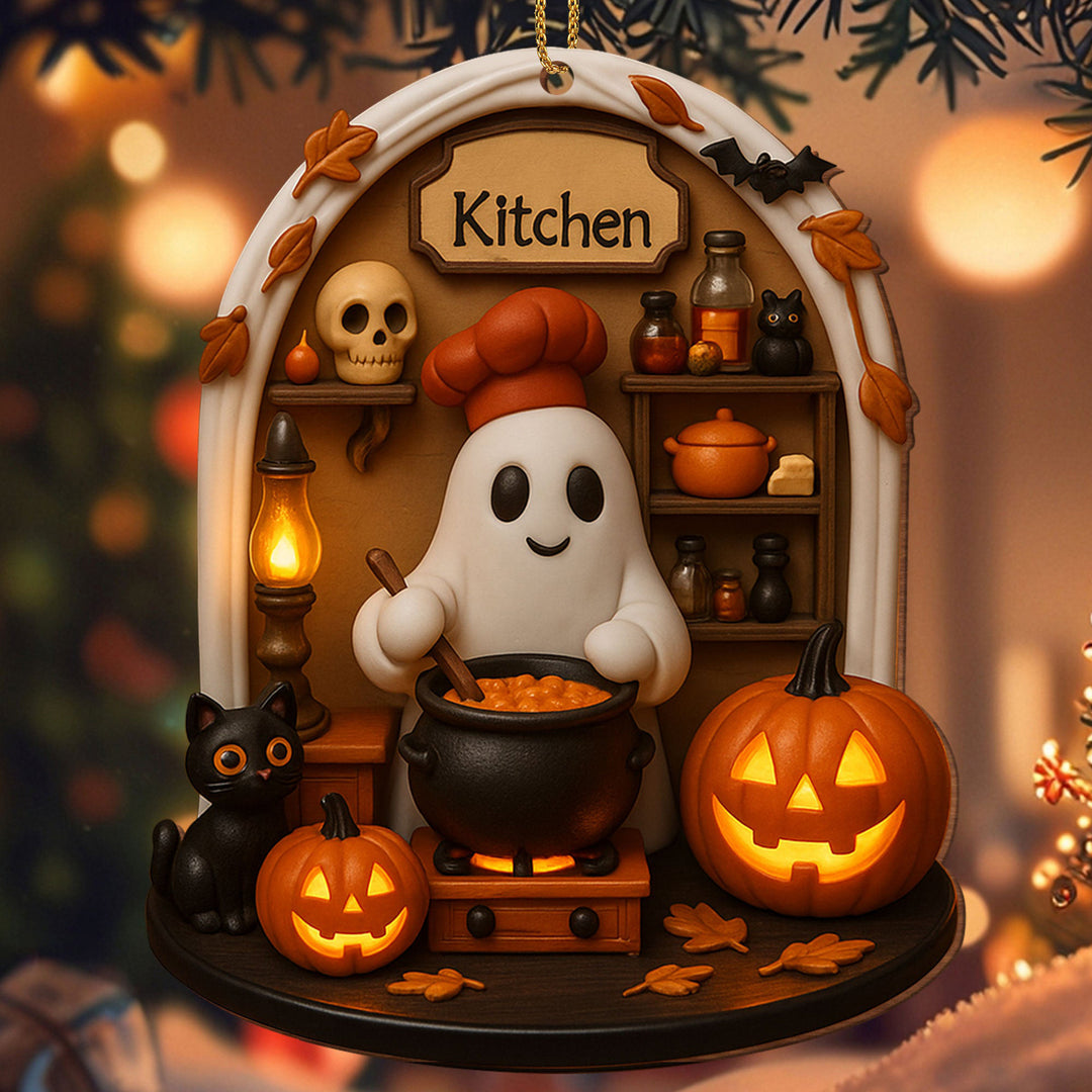 Hanging Halloween decoration pendant made of resin with ghost knitting and LED lighting