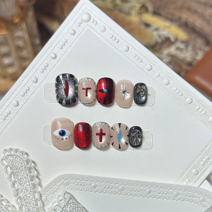 Artistic Press-On Nail Design Set with Unique Symbolic Accents Kalsten