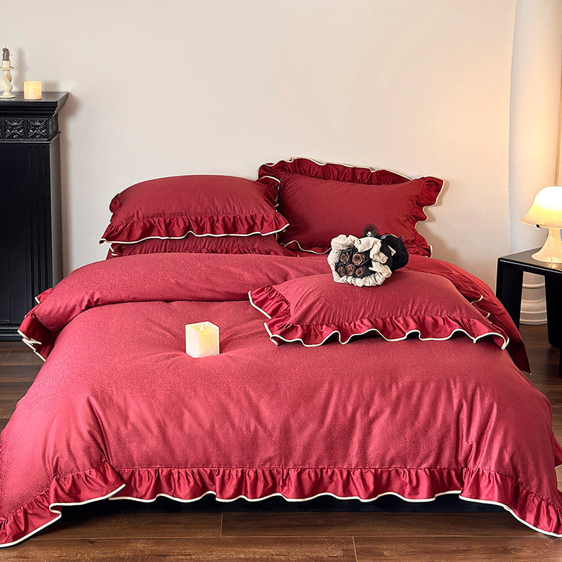 Luxurious cotton satin bedding set with ruffles and contrasting piping