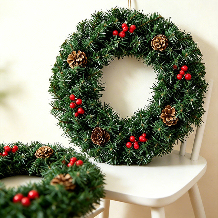Artificial Christmas Pine Wreath with Red Berries and Pinecones