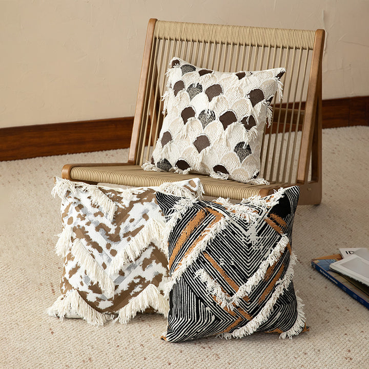 Woven Boho decorative pillow cover with fringes and geometric chevron motif Kalsten
