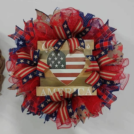 Unisex decorative country house door wreath with overlapping wooden stars and multiple ribbon bows Kalsten