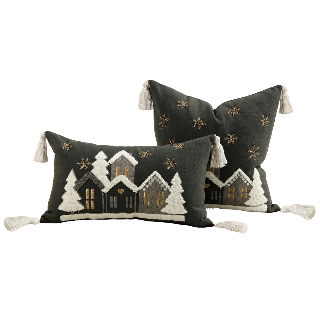 Festive Embroidered Snowy Village Tassel Throw Pillow Set