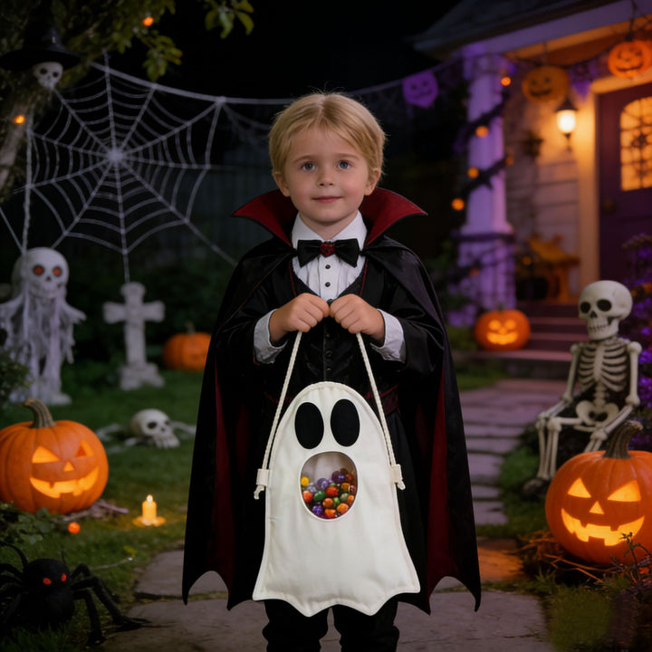 Children's candy tote bag with carrying slot, drawstring and pumpkin appliqué