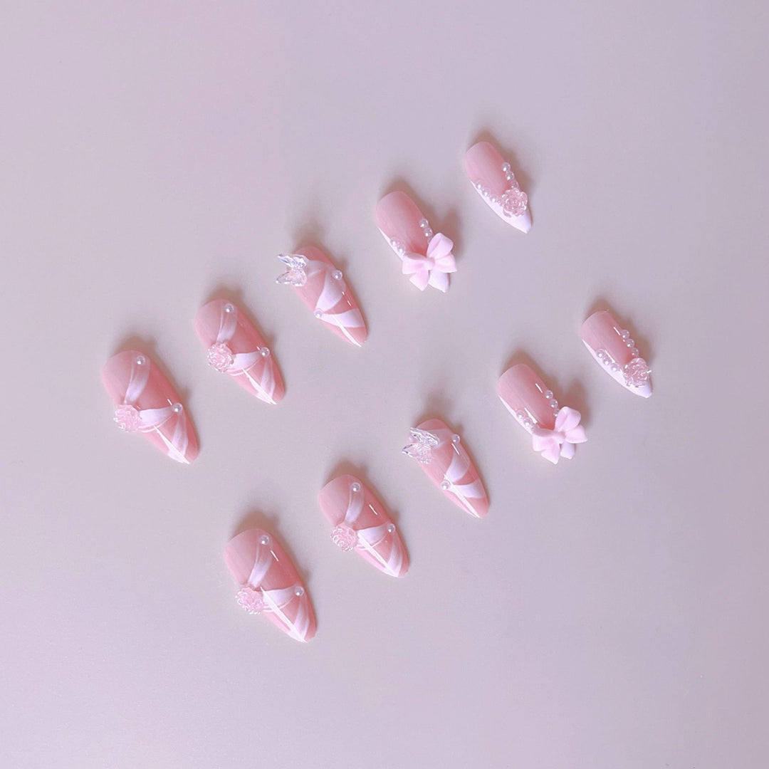 Artificial nail set with romantic 3D flower and bow decorations Kalsten