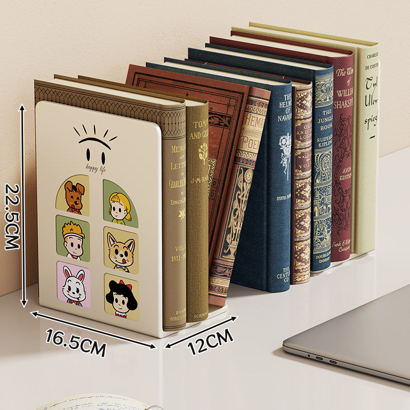 Cute Cartoon Desktop Metal Bookend with Anti-Slip Base and Decorative Panel