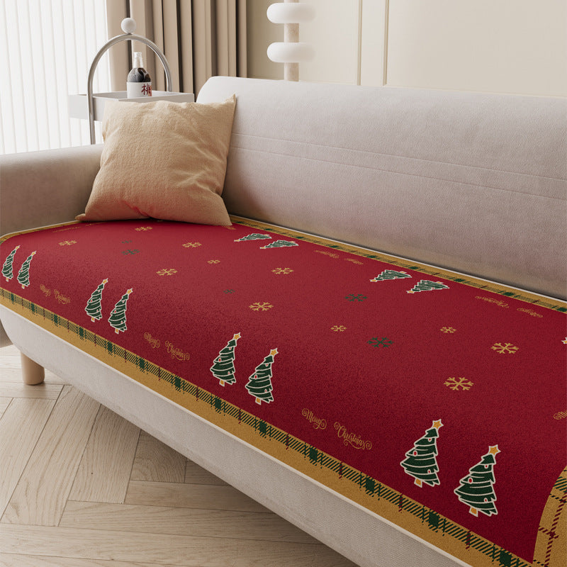 Quilted Holiday Sofa Seat Protector with Anti-Slip Backing and Christmas Tree Print