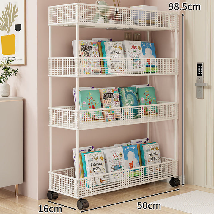Freestanding Four‑Tier Metal Mesh Book and Display Shelf Rack