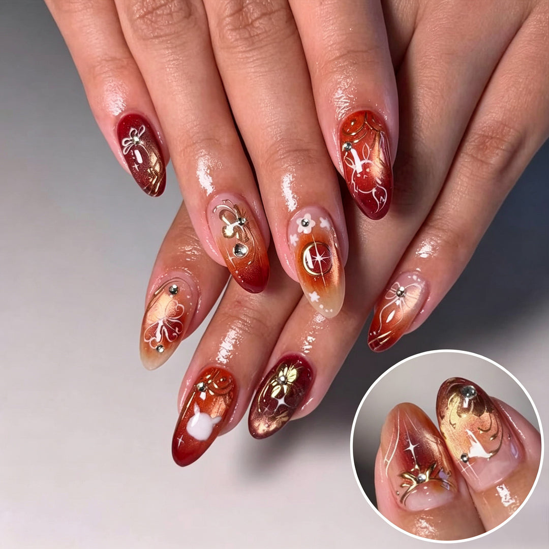 Artistic Press-On Nail Art Set with Floral and Metallic Emblems Kalsten