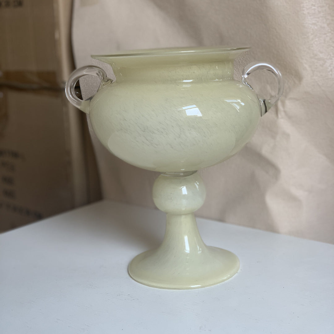 Handblown Footed Pedestal Glass Urn Vase with Applied Loop Handles Kalsten