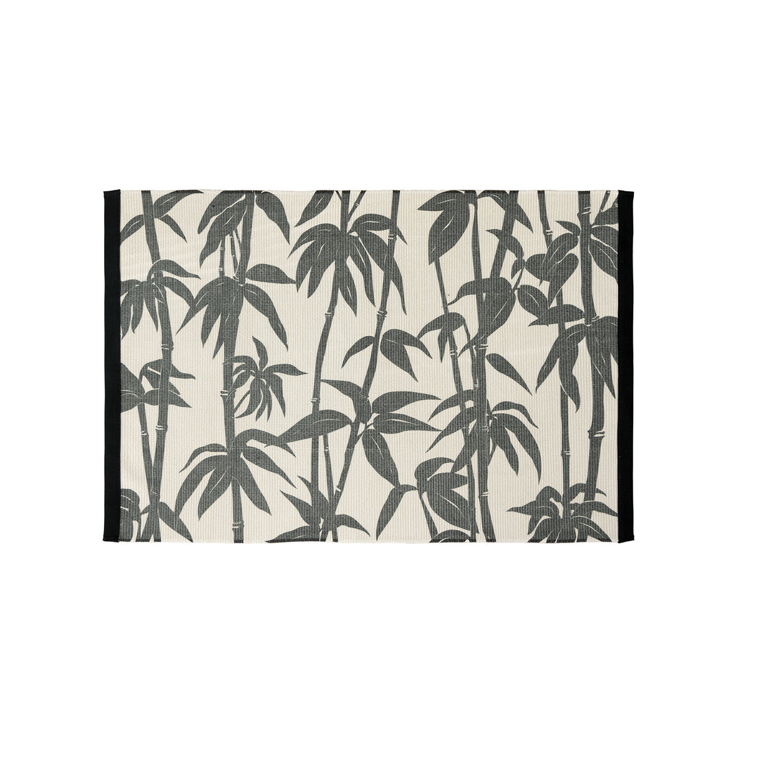 Woven table runner with floral vinyl print look and reinforced overlock stitching Kalsten