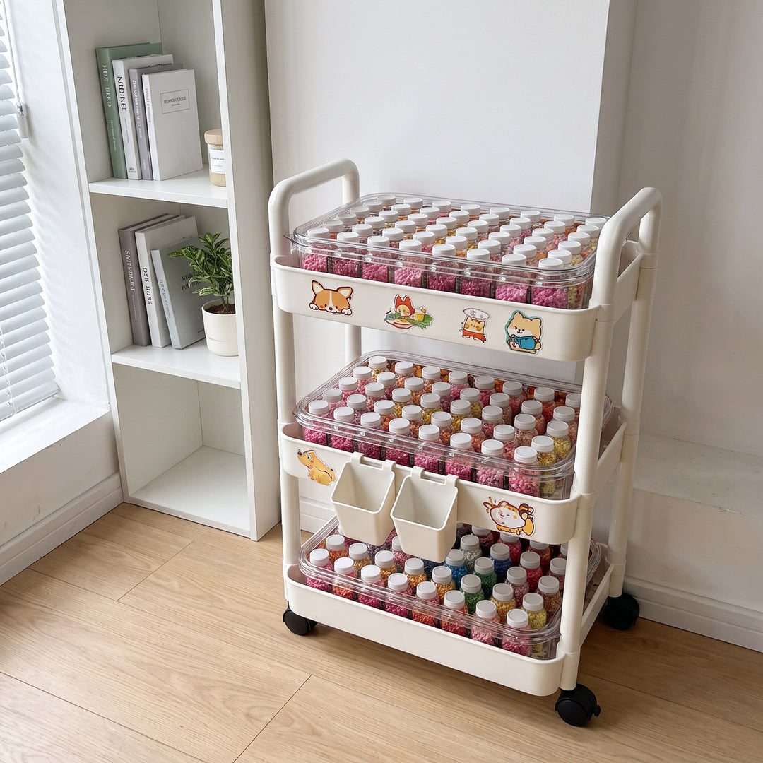 Triple-Tier Rolling Metal Storage Cart with Perforated Trays and Locking Casters