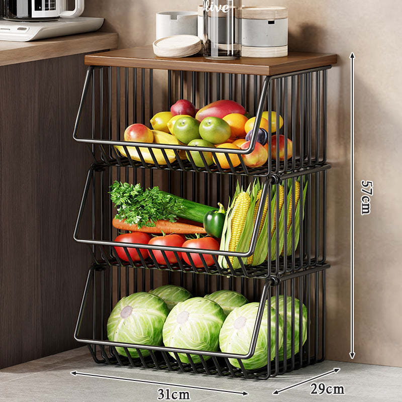 Slim Vertical Rolling Wire Produce and Pantry Organizer Cart with Wood Top