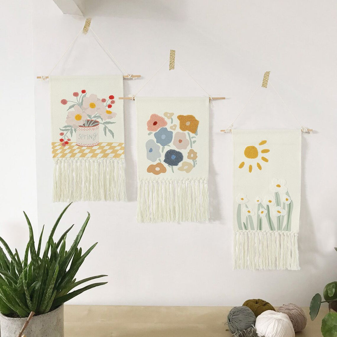 Boho Wall Hanging with Woven Flower Tufting and Macrame Fringes