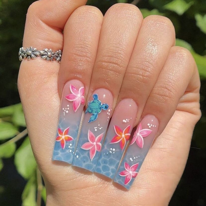 Artificial nail tips with tropical flower pattern and maritime turtle decoration Kalsten