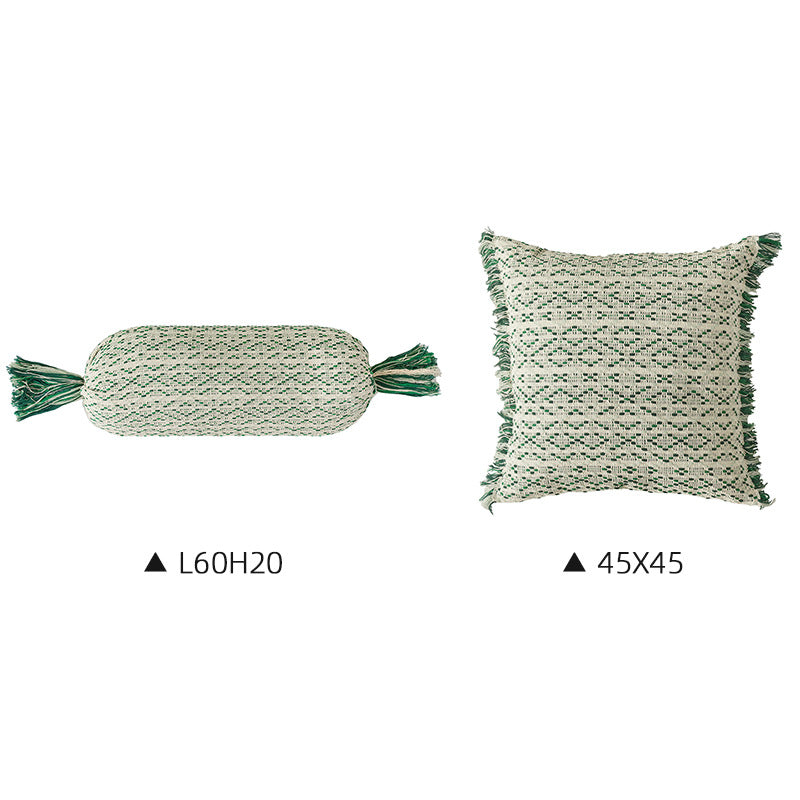 Cozy cushion set made of woven cotton blend with cylindrical roll and tassels Kalsten