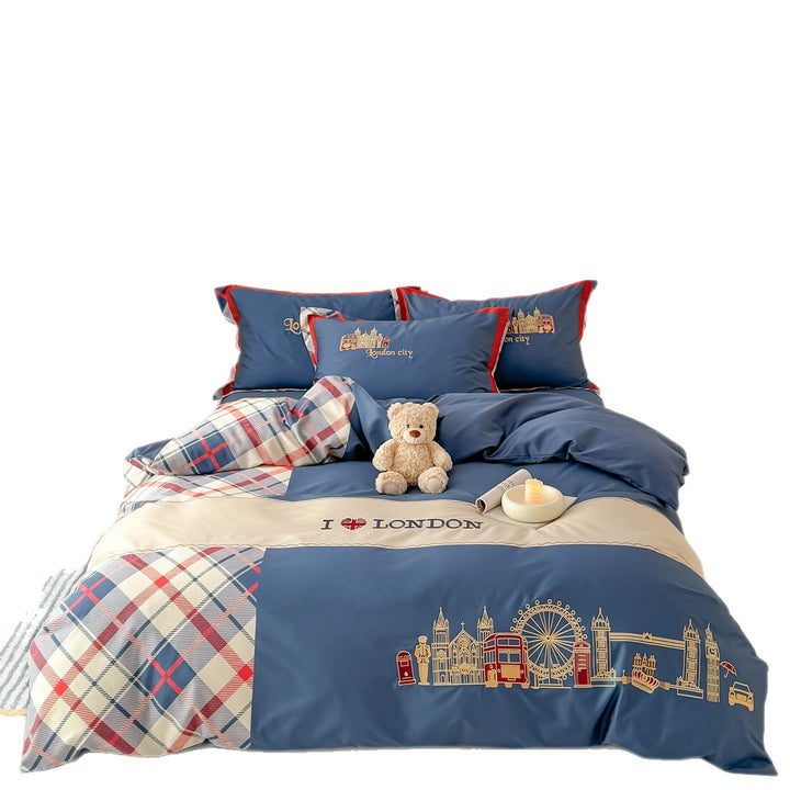 Bedding set in London motif made of cotton satin with check patchwork and embroidered skyline icons Kalsten