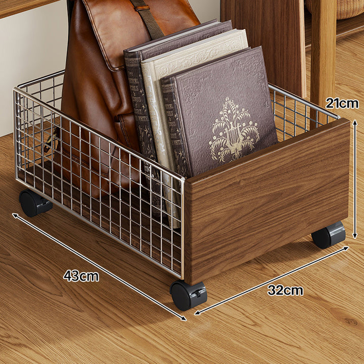 Under-Desk Rolling Storage Drawer with Wood Front and Metal Mesh Sides