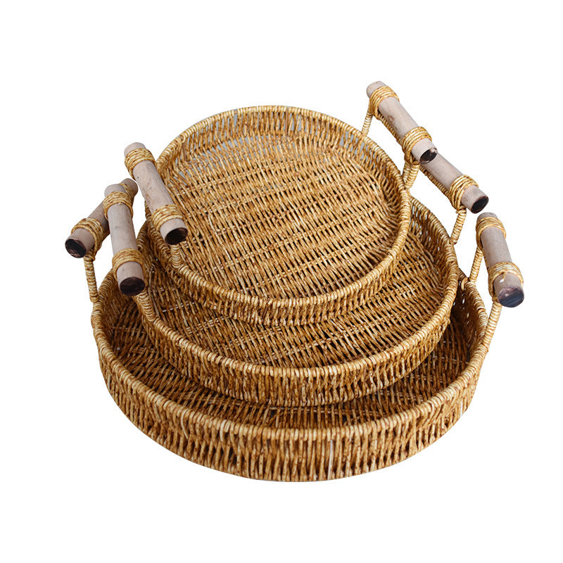 Handcrafted Natural Woven Serving Tray Set Kalsten