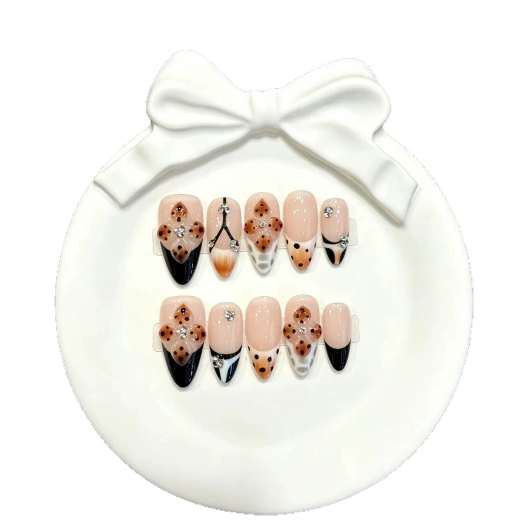 Artistic Press-On Nail Set with Floral and Gem Accents