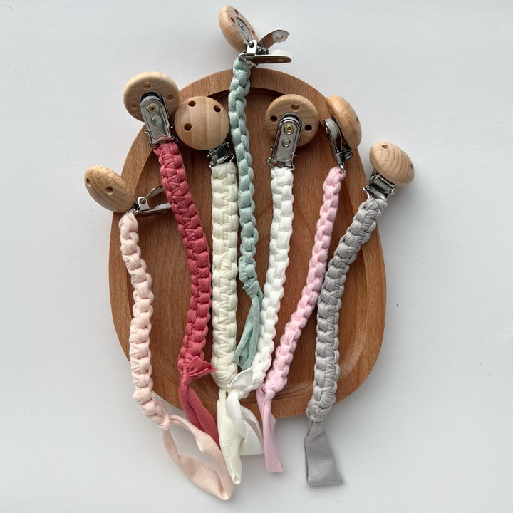 Braided Cotton Pacifier Clip with Wooden Safety Clip
