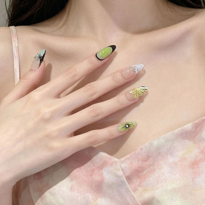 Artistic Press-On Nail Set with Butterfly and Floral Designs Kalsten