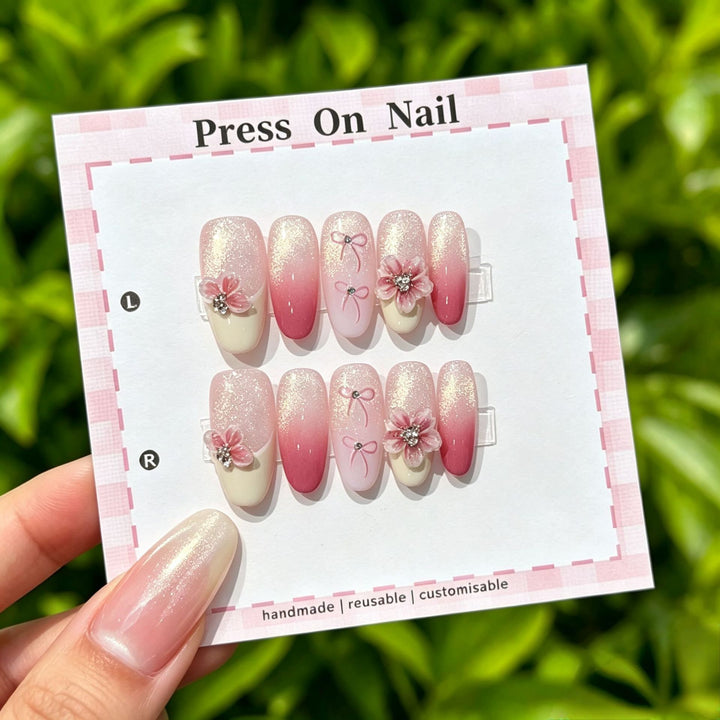 Artistic Press-On Nail Art Set with Cute Character and Bow Accents