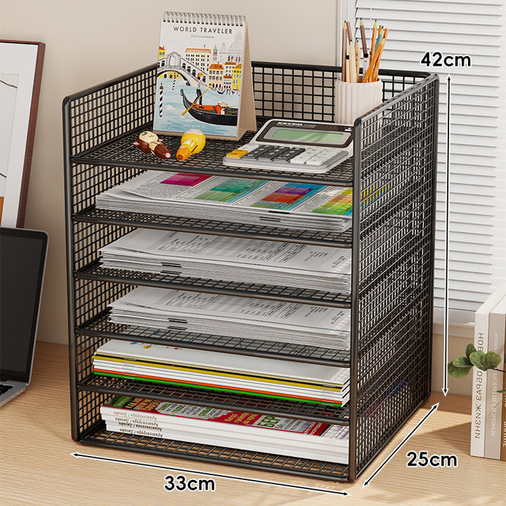 Multi-Tier Metal Mesh Desktop Document and Office Supply Organizer with Pull-Out Trays