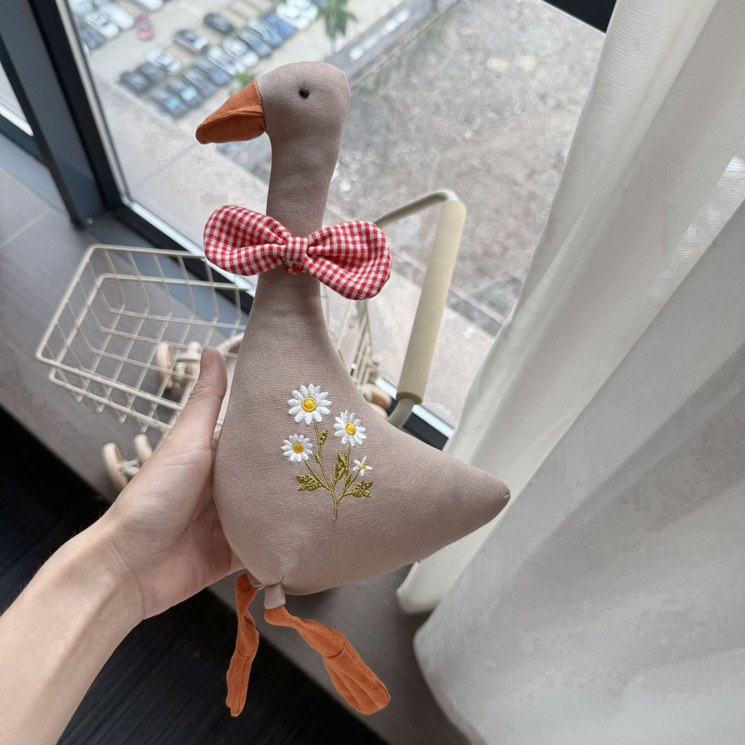 Soft Long‑Leg Linen Bunny Plush with Checkered Collar and Gathered Overalls