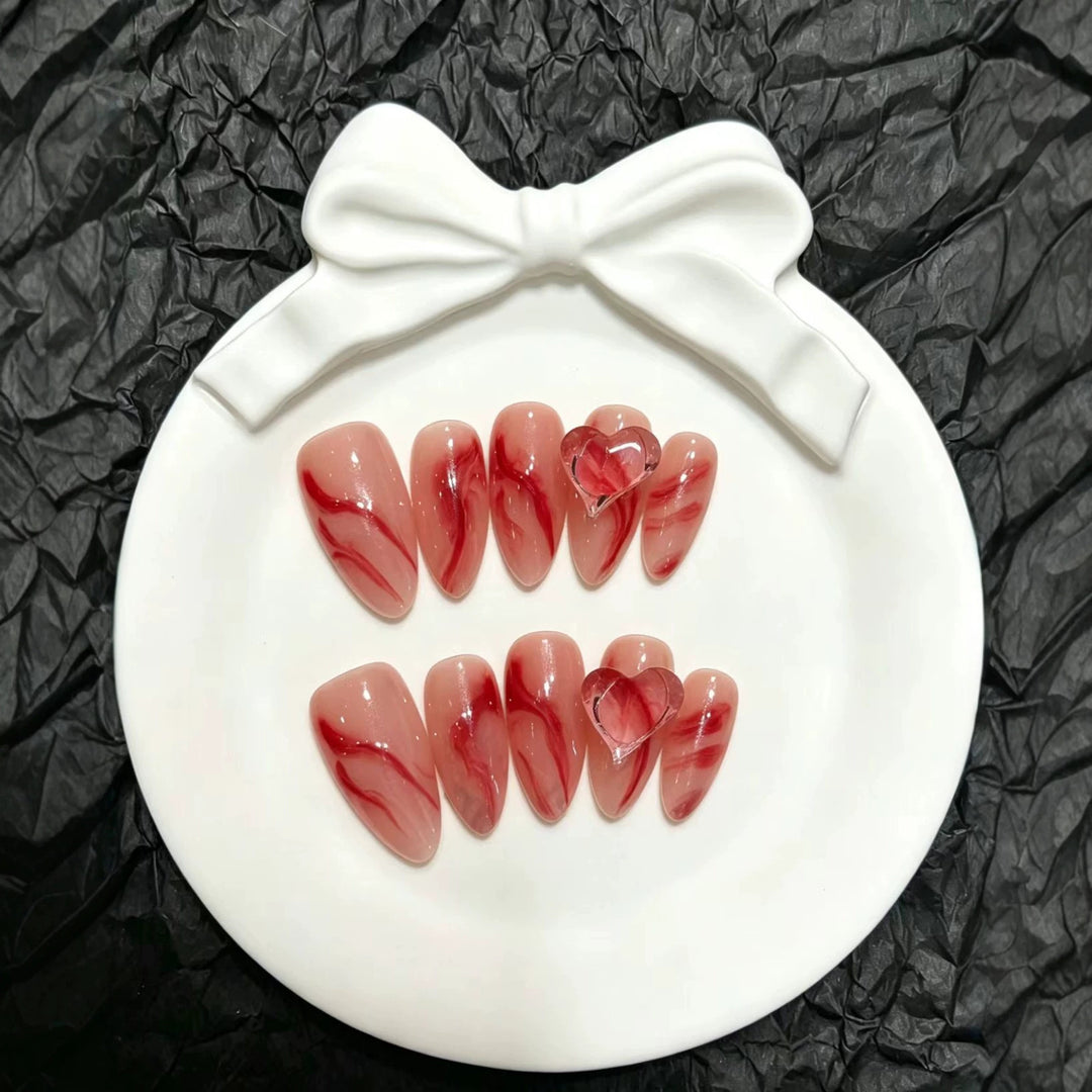 Artistic Marble Press-On Nail Set with Heart Accents