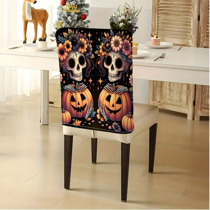 Chair back cover with elastic Halloween gnome and pumpkin design