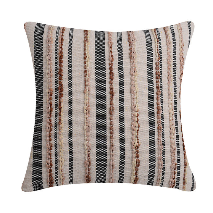 Decorative square cushion cover made of cotton-linen with tufted stripes and bouclé accents