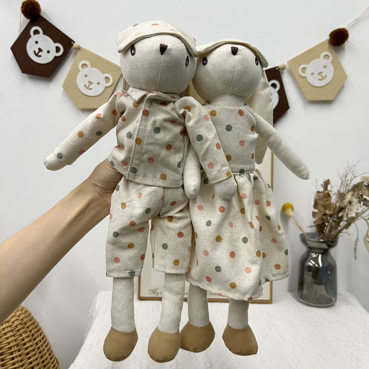 Plush Linen Bunny Doll with Long Ears Bow Tie and Removable Check Overalls