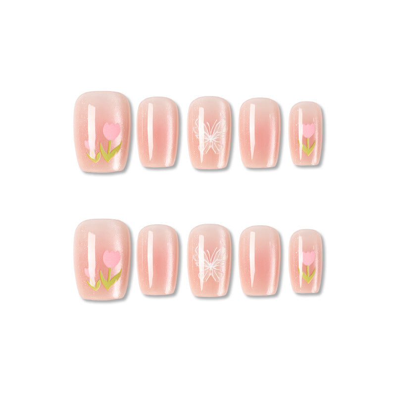 Artistic Press-On Nail Set with Floral Accents Kalsten 1787395327