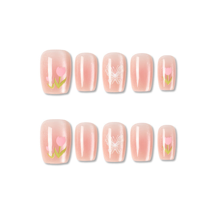 Artistic Press-On Nail Set with Floral Accents Kalsten 1787395327