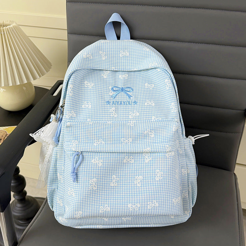 Charming Bow-Embellished Gingham Patterned Backpack Kalsten